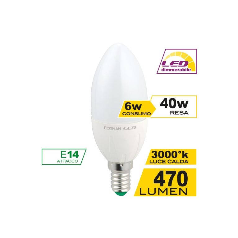 lampadina led candela e14 6w luce calda 3000k ecoman dimmerabile vetro trasparente