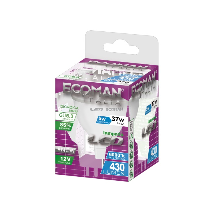lampadina led dicroica gu5.3 5w luce fredda 6000k ecoman 12vdc vetro ghiaccio