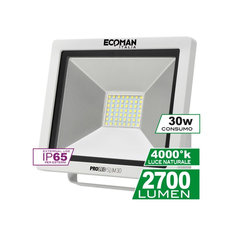 proiettore led proled 30w luce naturale 4000k ecoman bianco ip65 mini slim
