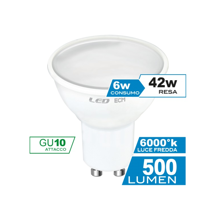 lampadina led dicroica gu10 6w luce fredda 6000k ecoman vetro ghiaccio