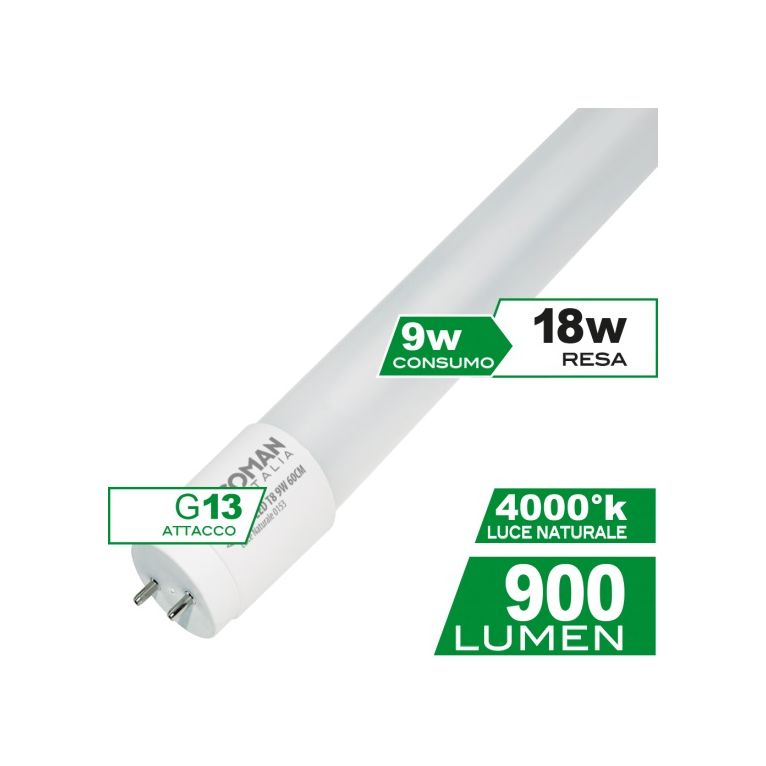 tubo led t8 g13 9w luce naturale 840 ecoman 60cm