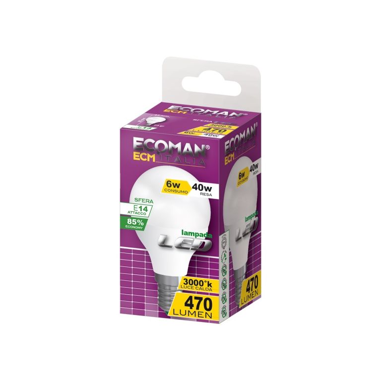 lampadina led sfera e14 6w luce calda 3000k ecoman vetro ghiaccio