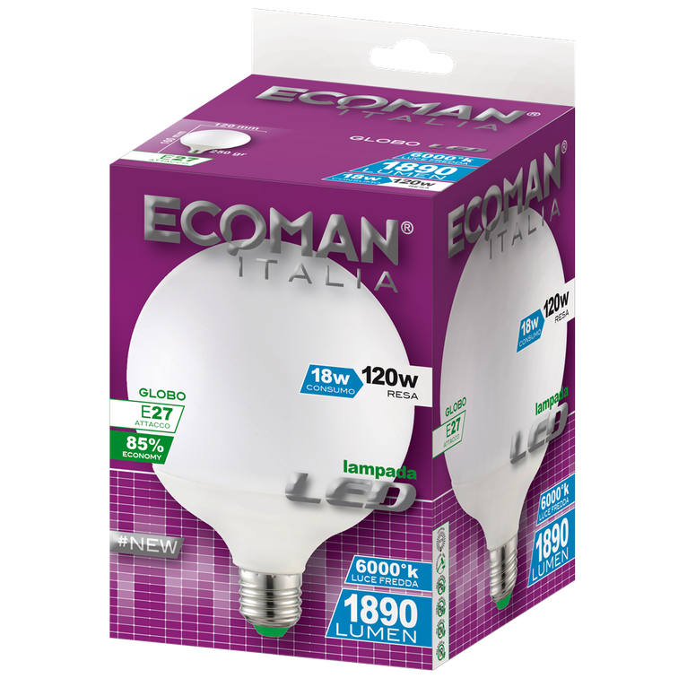 lampadina led globo g120 e27 18w luce fredda 6000k ecoman vetro ghiaccio
