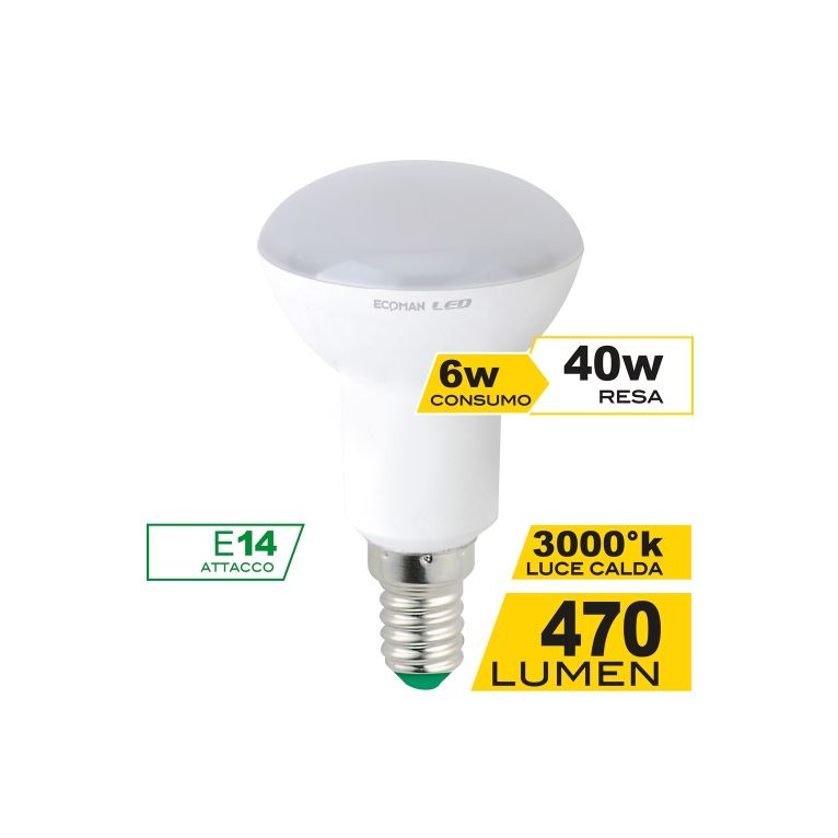 lampadina led spot r50 e14 6w luce calda 3000k ecoman vetro ghiaccio