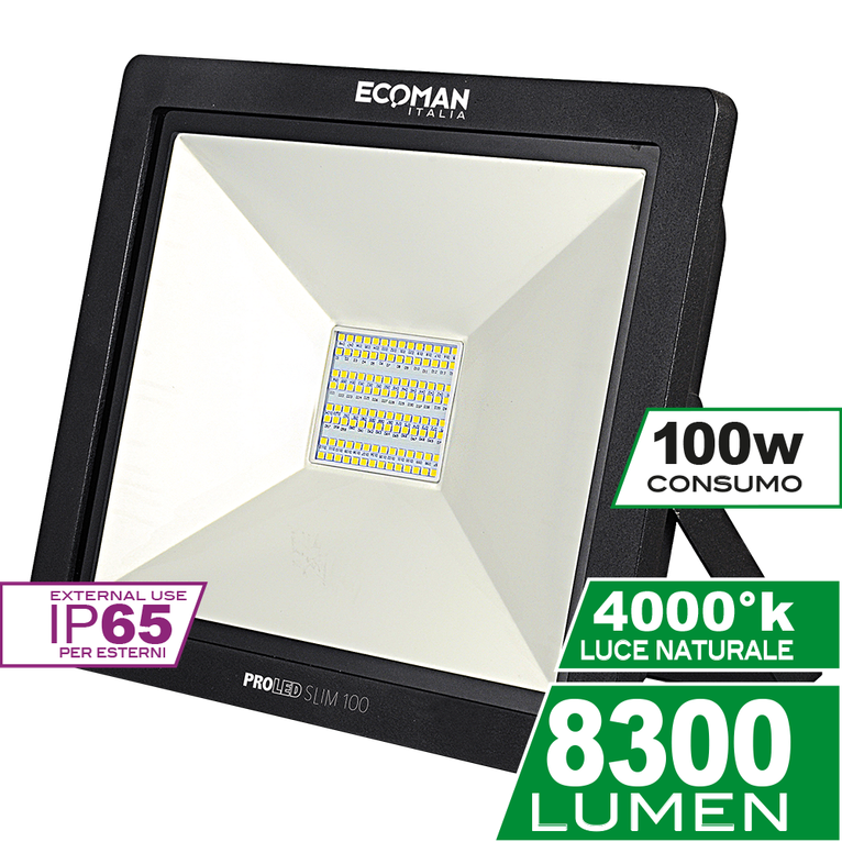 proiettore led proled 100w luce naturale 4000k ecoman nero ip65 mini slim