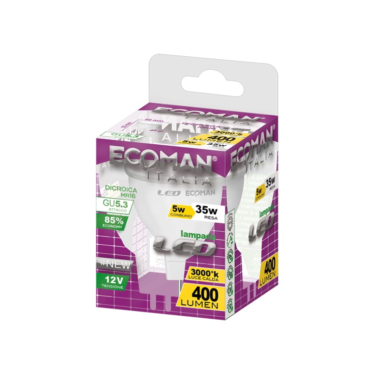 lampadina led dicroica gu5.3 5w luce calda 3000k ecoman 12vdc vetro ghiaccio