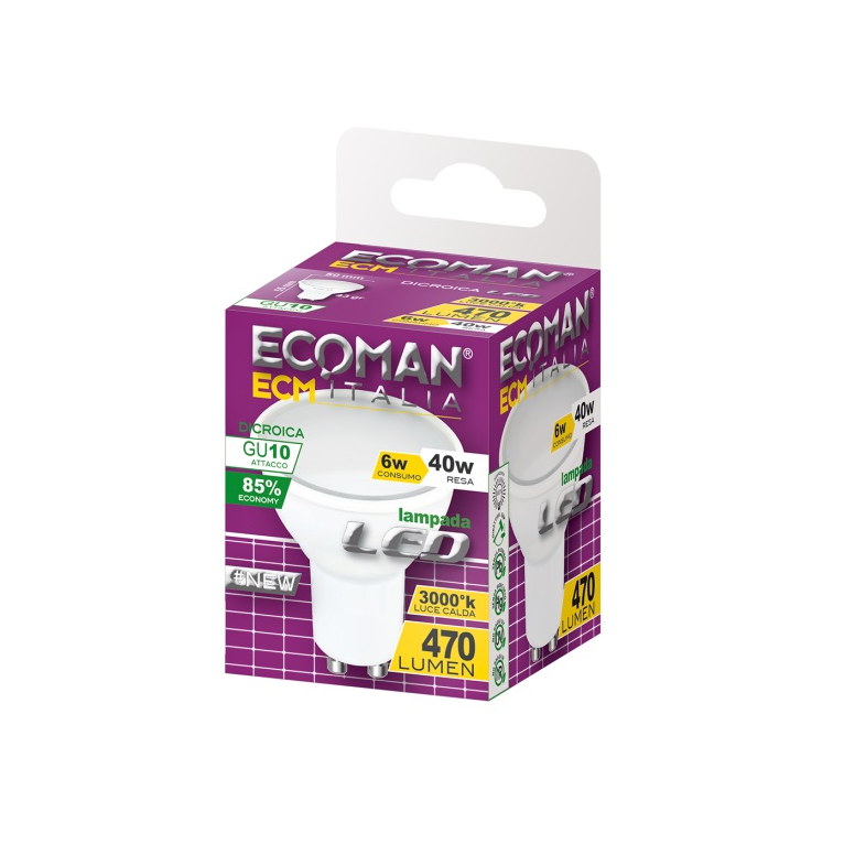lampadina led dicroica gu10 6w luce calda 3000k ecoman vetro ghiaccio