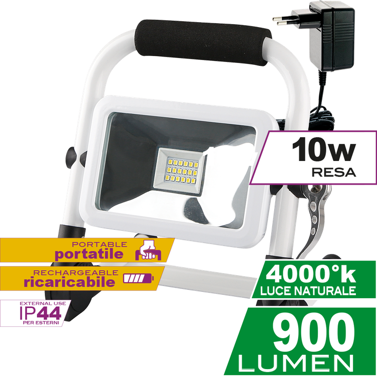 proiettore led proled go 10w luce naturale 4000k ecoman bianco ip44 ricaricabile portatile