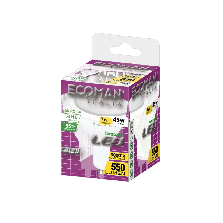 lampadina led dicroica gu10 7w luce calda 3000k ecoman vetro ghiaccio