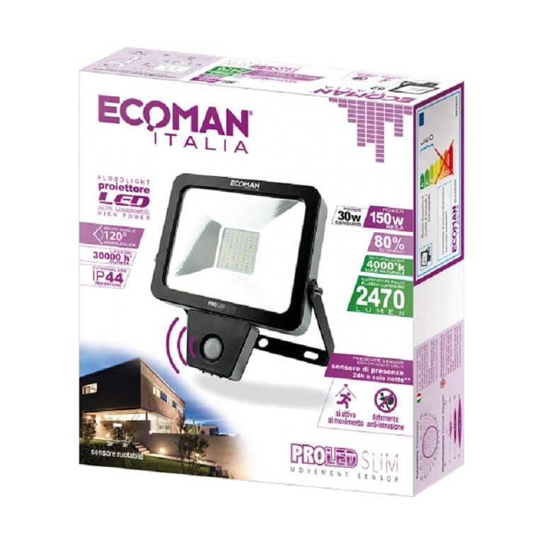 proiettore led proled 30w luce naturale 4000k ecoman nero ip44 slim sensor