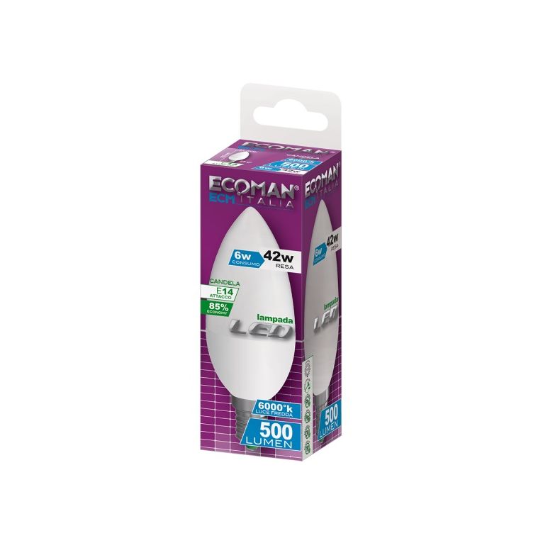 lampadina led candela e14 6w luce fredda 6000k ecoman vetro ghiaccio