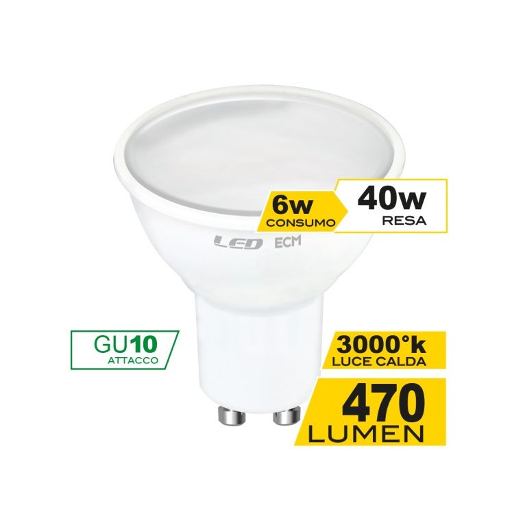 lampadina led dicroica gu10 6w luce calda 3000k ecoman vetro ghiaccio