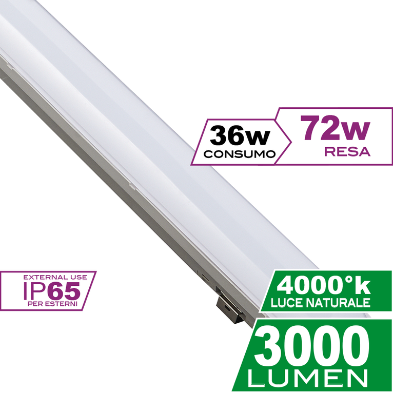 reglette led linea120 36w luce naturale 4000k ecoman ip65