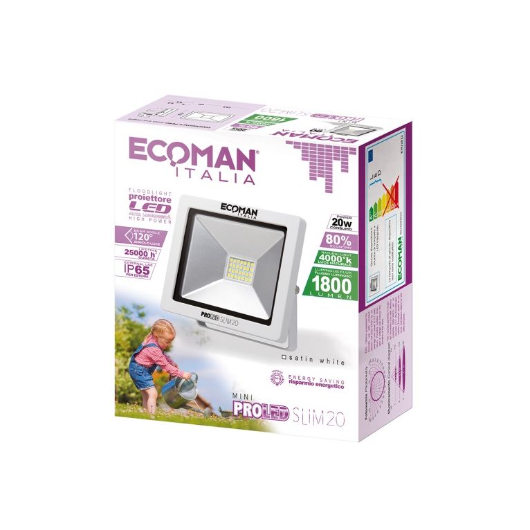 proiettore led proled 20w luce naturale 4000k ecoman bianco ip65 mini slim