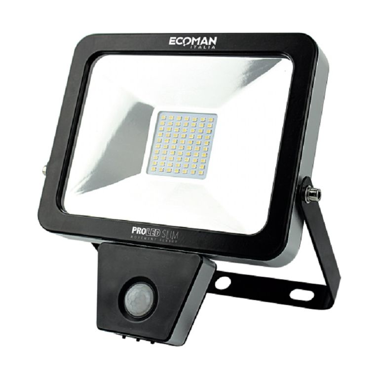 proiettore led proled 30w luce naturale 4000k ecoman nero ip44 slim sensor