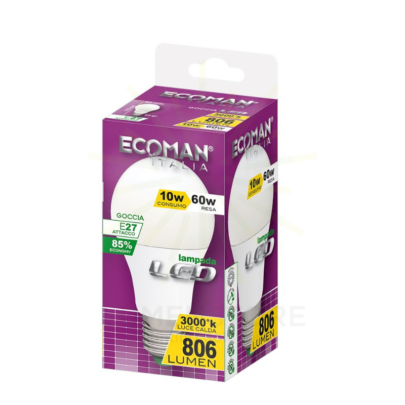 lampadina led goccia e27 10w luce calda 3000k ecoman vetro ghiaccio