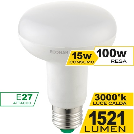 lampadina led spot r80 e27 15w luce calda 3000k ecoman vetro ghiaccio