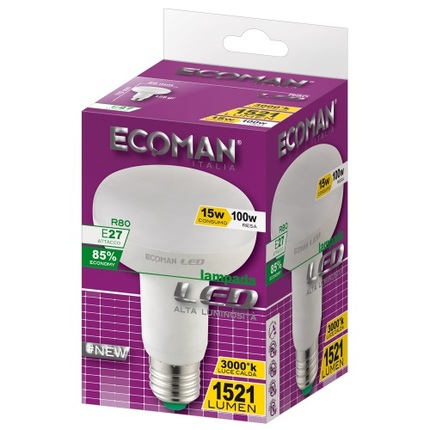 lampadina led spot r80 e27 15w luce calda 3000k ecoman vetro ghiaccio