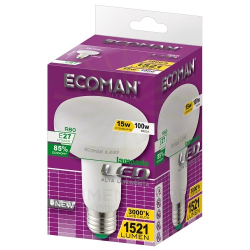 lampadina led spot r80 e27 15w luce calda 3000k ecoman vetro ghiaccio