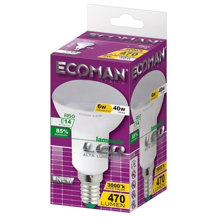 lampadina led spot r50 e14 6w luce calda 3000k ecoman vetro ghiaccio