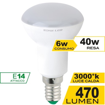 lampadina led spot r50 e14 6w luce calda 3000k ecoman vetro ghiaccio