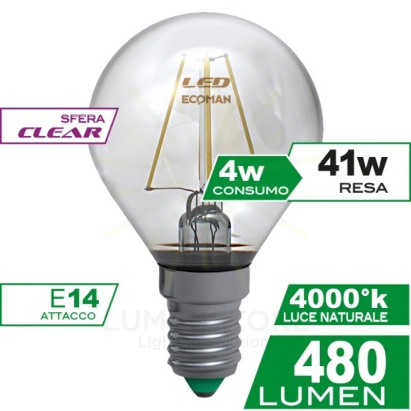 lampadina led sfera e14 4w luce naturale 4000k ecoman vetro trasparente