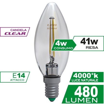 lampadina led candela e14 4w luce naturale 4000k ecoman vetro trasparente