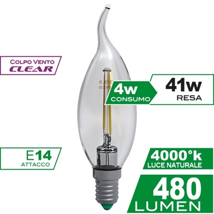 lampadina led colpo di vento e14 4w luce naturale 4000k ecoman vetro trasparente