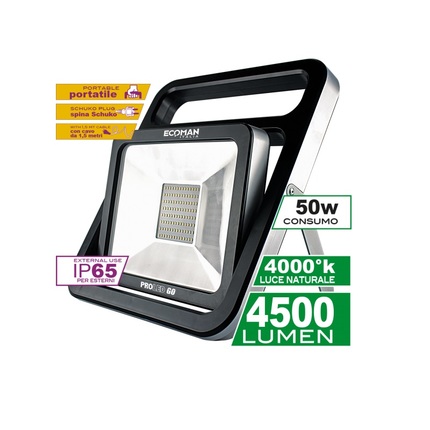 proiettore led proled go 50w luce naturale 4000k ecoman nero ip65 portatile