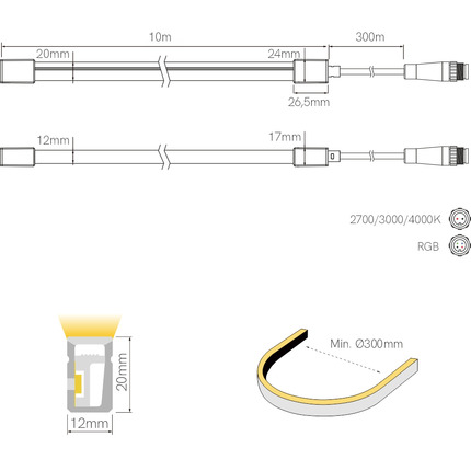 striscia led neon fine-74 10w/m 2700k 24v 10mt beneito faure smd2216 ip67