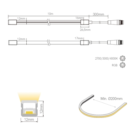 striscia led neon fine-72 10w/m 3000k 24v 10mt beneito faure smd2835 ip67