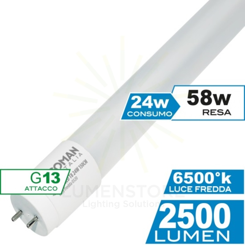 tubo led t8 g13 24w luce fredda 6500k ecoman 150cm