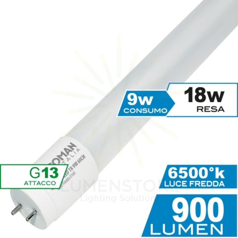 tubo led t8 g13 9w luce fredda 6500k ecoman 60cm 