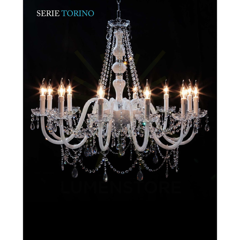 lampadario torino 12 x e14 cristal luce laccato bianco