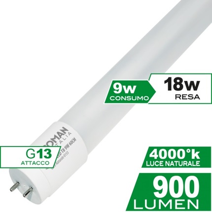 tubo led t8 g13 9w luce naturale 840 ecoman 60cm