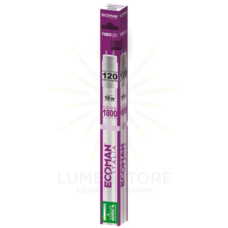 tubo led t8 g13 18w luce naturale 4000k ecoman 120cm 