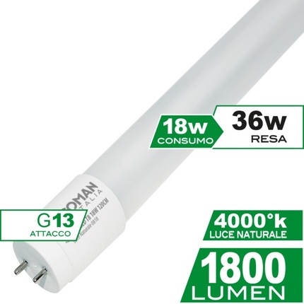 tubo led t8 g13 18w luce naturale 4000k ecoman 120cm 