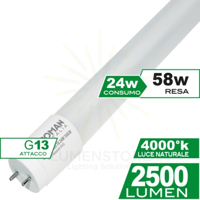 tubo led t8 g13 24w luce naturale 4000k ecoman 150cm