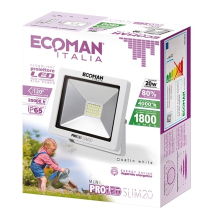 proiettore led proled 20w luce naturale 4000k ecoman bianco ip65 mini slim