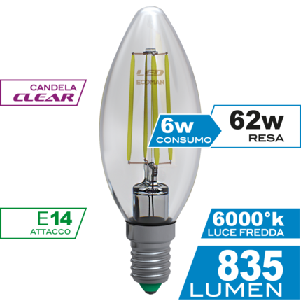 lampadina led candela e14 6w luce fredda 6000k ecoman vetro trasparente