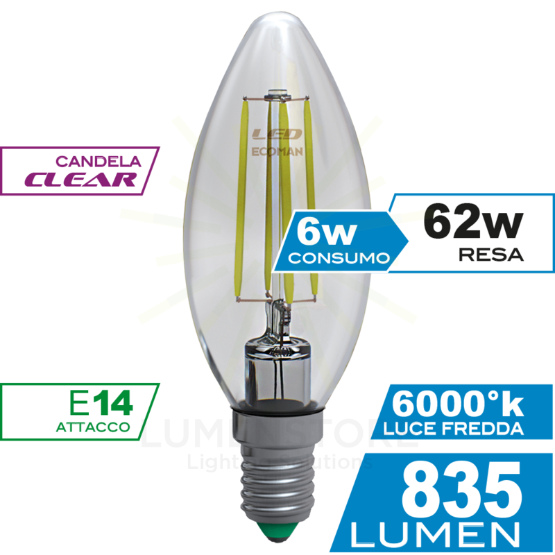 lampadina led candela e14 6w luce fredda 6000k ecoman vetro trasparente