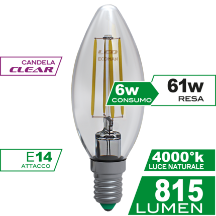 Lampadine a candela led E14 6W luce naturale 4000K 480Lm dimmerabile  KLASSIC-E14C-6M-DIM FAN EUROPE INTEC