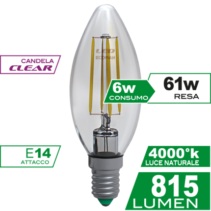 lampadina led candela e14 6w luce naturale 4000k ecoman vetro trasparente