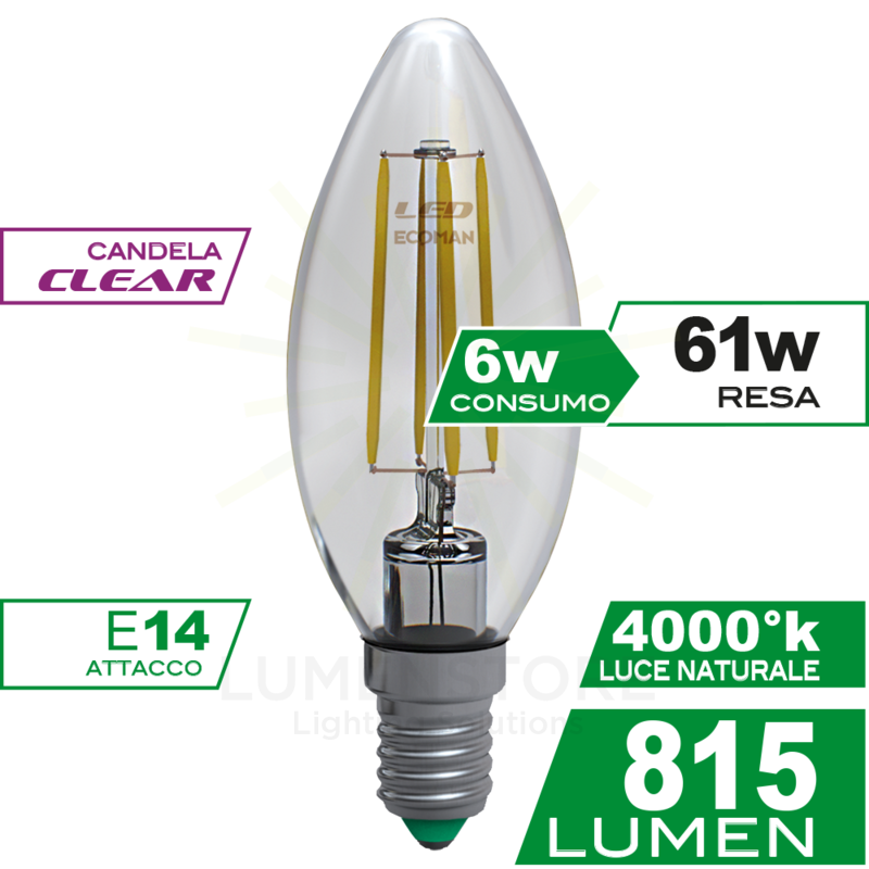 Lampadina LED Candela C37 E14 6W Linea ECO • Iluminashop Italia