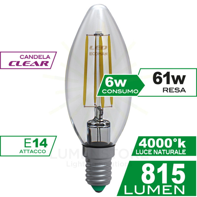 lampadina led candela e14 6w luce naturale 4000k ecoman vetro trasparente