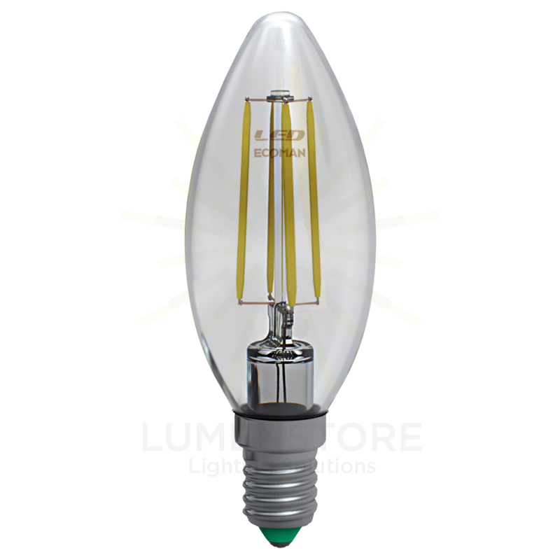 Lampadina LED Candela E14 6W luce naturale 4000K ECOMAN vetro trasparente