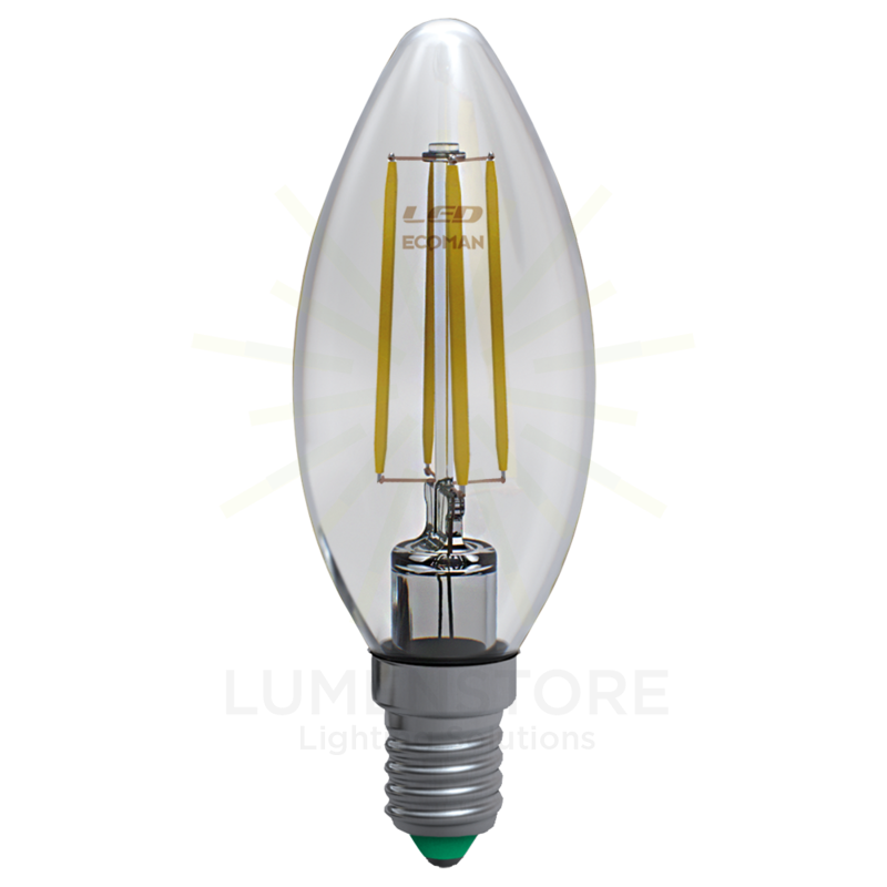 lampadina led candela e14 6w luce calda 3000k ecoman vetro trasparente