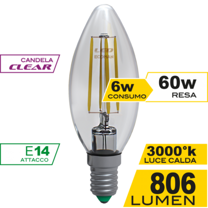 lampadina led candela e14 6w luce calda 3000k ecoman vetro trasparente