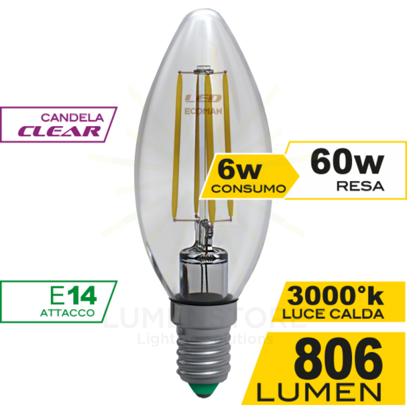 lampadina led candela e14 6w luce calda 3000k ecoman vetro trasparente