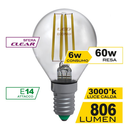 lampadina led sfera e14 6w luce calda 3000k ecoman vetro trasparente